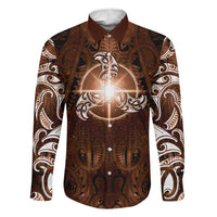 New Zealand Matariki Tupuanuku Family Matching Tank Maxi Dress and Hawaiian Shirt Maori Moko Brown Galaxy LT05 Dad's Shirt - Long Sleeve Brown - Polynesian Pride