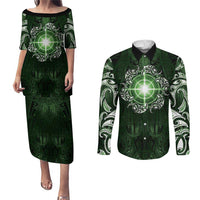 New Zealand Matariki Tupuarangi Couples Matching Puletasi and Long Sleeve Button Shirt Maori Moko Green Galaxy LT05 Green - Polynesian Pride