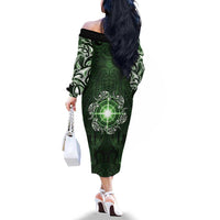 New Zealand Matariki Tupuarangi Family Matching Off The Shoulder Long Sleeve Dress and Hawaiian Shirt Maori Moko Green Galaxy LT05 - Polynesian Pride