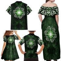 New Zealand Matariki Tupuarangi Family Matching Off Shoulder Maxi Dress and Hawaiian Shirt Maori Moko Green Galaxy LT05 - Polynesian Pride