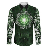 New Zealand Matariki Tupuarangi Family Matching Tank Maxi Dress and Hawaiian Shirt Maori Moko Green Galaxy LT05 Dad's Shirt - Long Sleeve Green - Polynesian Pride
