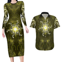 New Zealand Matariki Hiwaiterangi Couples Matching Long Sleeve Bodycon Dress and Hawaiian Shirt Maori Moko Yellow Galaxy LT05 Yellow - Polynesian Pride