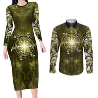 New Zealand Matariki Hiwaiterangi Couples Matching Long Sleeve Bodycon Dress and Long Sleeve Button Shirt Maori Moko Yellow Galaxy LT05 Yellow - Polynesian Pride