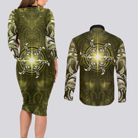 New Zealand Matariki Hiwaiterangi Couples Matching Long Sleeve Bodycon Dress and Long Sleeve Button Shirt Maori Moko Yellow Galaxy LT05 - Polynesian Pride