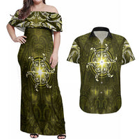New Zealand Matariki Hiwaiterangi Couples Matching Off Shoulder Maxi Dress and Hawaiian Shirt Maori Moko Yellow Galaxy LT05 Yellow - Polynesian Pride