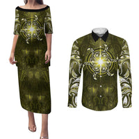 New Zealand Matariki Hiwaiterangi Couples Matching Puletasi and Long Sleeve Button Shirt Maori Moko Yellow Galaxy LT05 Yellow - Polynesian Pride
