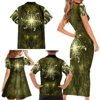 New Zealand Matariki Hiwaiterangi Family Matching Short Sleeve Bodycon Dress and Hawaiian Shirt Maori Moko Yellow Galaxy LT05 - Polynesian Pride