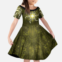 New Zealand Matariki Hiwaiterangi Kid Short Sleeve Dress Maori Moko Yellow Galaxy LT05 KID Yellow - Polynesian Pride