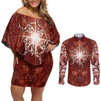 New Zealand Matariki Pohutukawa Couples Matching Off Shoulder Short Dress and Long Sleeve Button Shirt Maori Moko Red Galaxy LT05 Red - Polynesian Pride