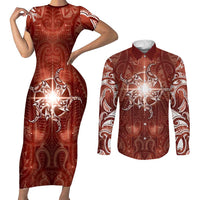 New Zealand Matariki Pohutukawa Couples Matching Short Sleeve Bodycon Dress and Long Sleeve Button Shirt Maori Moko Red Galaxy LT05 Red - Polynesian Pride