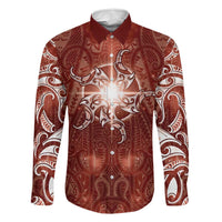 New Zealand Matariki Pohutukawa Family Matching Mermaid Dress and Hawaiian Shirt Maori Moko Red Galaxy LT05 Dad's Shirt - Long Sleeve Red - Polynesian Pride