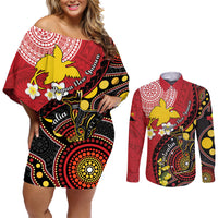 Papua New Guinea And Australia Aboriginal Couples Matching Off Shoulder Short Dress and Long Sleeve Button Shirt Bird Of Paradise And Kangaroo Together