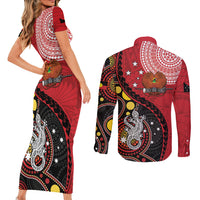 Papua New Guinea And Australia Aboriginal Couples Matching Short Sleeve Bodycon Dress and Long Sleeve Button Shirt Bird Of Paradise And Kangaroo Together