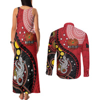 Papua New Guinea And Australia Aboriginal Couples Matching Tank Maxi Dress and Long Sleeve Button Shirt Bird Of Paradise And Kangaroo Together