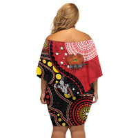 Papua New Guinea And Australia Aboriginal Family Matching Off Shoulder Short Dress and Hawaiian Shirt Bird Of Paradise And Kangaroo Together