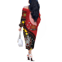Papua New Guinea And Australia Aboriginal Off The Shoulder Long Sleeve Dress Bird Of Paradise And Kangaroo Together