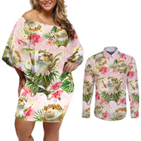 Hawaii Guinea Hula Pig Couples Matching Off Shoulder Short Dress and Long Sleeve Button Shirt Funny Tropical Style LT05 Pink - Polynesian Pride