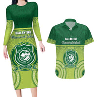 Personalised Ballantine Memorial School Couples Matching Long Sleeve Bodycon Dress and Hawaiian Shirt With Fijian Tapa Pattern LT05 Green - Polynesian Pride