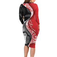 New Zealand Aotearoa Family Matching Long Sleeve Bodycon Dress and Hawaiian Shirt Kiwi Fern Maori Pattern Red Version