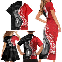New Zealand Aotearoa Family Matching Short Sleeve Bodycon Dress and Hawaiian Shirt Kiwi Fern Maori Pattern Red Version