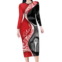 New Zealand Aotearoa Long Sleeve Bodycon Dress Kiwi Fern Maori Pattern Red Version