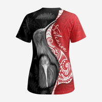 New Zealand Aotearoa Scrub Top Kiwi Fern Maori Pattern Red Version - Polynesian Pride