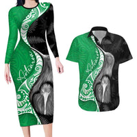 New Zealand Aotearoa Couples Matching Long Sleeve Bodycon Dress and Hawaiian Shirt Kiwi Fern Maori Pattern Green Version LT05 Green - Polynesian Pride