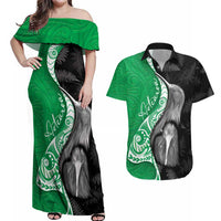 New Zealand Aotearoa Couples Matching Off Shoulder Maxi Dress and Hawaiian Shirt Kiwi Fern Maori Pattern Green Version LT05 Green - Polynesian Pride