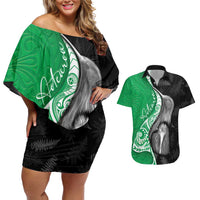 New Zealand Aotearoa Couples Matching Off Shoulder Short Dress and Hawaiian Shirt Kiwi Fern Maori Pattern Green Version LT05 Green - Polynesian Pride