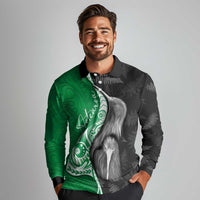 New Zealand Aotearoa Long Sleeve Polo Shirt Kiwi Fern Maori Pattern Green Version