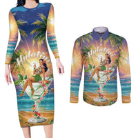Aloha Hawaii Couples Matching Long Sleeve Bodycon Dress and Long Sleeve Button Shirt Hula Martini Tropical Vibes - Polynesian Pride
