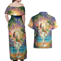 Aloha Hawaii Couples Matching Off Shoulder Maxi Dress and Hawaiian Shirt Hula Martini Tropical Vibes - Polynesian Pride