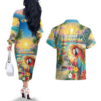 Hawaii Parrot Couples Matching Off The Shoulder Long Sleeve Dress and Hawaiian Shirt Im Not Waiting Till 5 Oclock - Polynesian Pride