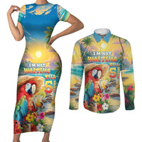 Hawaii Parrot Couples Matching Short Sleeve Bodycon Dress and Long Sleeve Button Shirt Im Not Waiting Till 5 Oclock