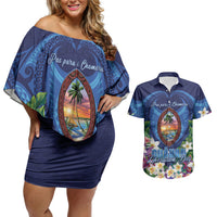 Guam Liberation Day Couples Matching Off Shoulder Short Dress and Hawaiian Shirt Pas Para I Chamoru LT05 Navy - Polynesian Pride