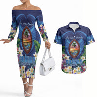 Guam Liberation Day Couples Matching Off The Shoulder Long Sleeve Dress and Hawaiian Shirt Pas Para I Chamoru LT05 Navy - Polynesian Pride