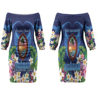 Guam Liberation Day Family Matching Off The Shoulder Long Sleeve Dress and Hawaiian Shirt Pas Para I Chamoru LT05 Mom's Dress Navy - Polynesian Pride