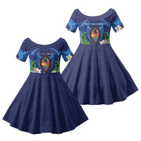 Guam Liberation Day Family Matching Off The Shoulder Long Sleeve Dress and Hawaiian Shirt Pas Para I Chamoru LT05 Daughter's Dress Navy - Polynesian Pride