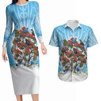 New Zealand Birds Christmas Couples Matching Long Sleeve Bodycon Dress and Hawaiian Shirt Pohutukawa Xmas Tree LT05 Blue - Polynesian Pride