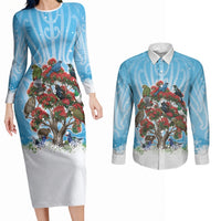 New Zealand Birds Christmas Couples Matching Long Sleeve Bodycon Dress and Long Sleeve Button Shirt Pohutukawa Xmas Tree LT05 Blue - Polynesian Pride