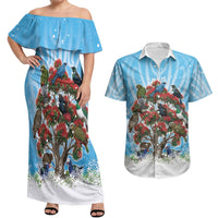 New Zealand Birds Christmas Couples Matching Off Shoulder Maxi Dress and Hawaiian Shirt Pohutukawa Xmas Tree LT05 Blue - Polynesian Pride