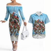 New Zealand Birds Christmas Couples Matching Off The Shoulder Long Sleeve Dress and Hawaiian Shirt Pohutukawa Xmas Tree LT05 Blue - Polynesian Pride