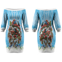 New Zealand Birds Christmas Couples Matching Off The Shoulder Long Sleeve Dress and Hawaiian Shirt Pohutukawa Xmas Tree LT05 - Polynesian Pride