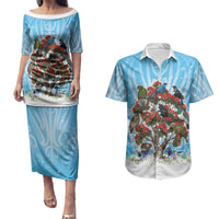 New Zealand Birds Christmas Couples Matching Puletasi and Hawaiian Shirt Pohutukawa Xmas Tree LT05 Blue - Polynesian Pride