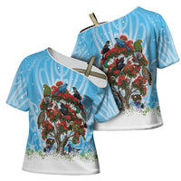 New Zealand Birds Christmas Cross Shoulder Shirt Pohutukawa Xmas Tree LT05 - Polynesian Pride