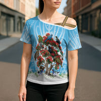 New Zealand Birds Christmas Cross Shoulder Shirt Pohutukawa Xmas Tree LT05 - Polynesian Pride