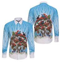 New Zealand Birds Christmas Family Matching Puletasi and Hawaiian Shirt Pohutukawa Xmas Tree LT05 Dad's Shirt - Long Sleeve Blue - Polynesian Pride