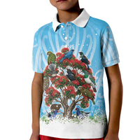 New Zealand Birds Christmas Kid Polo Shirt Pohutukawa Xmas Tree LT05 Kid Blue - Polynesian Pride