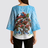 New Zealand Birds Christmas Kimono Sleeve Blouse Pohutukawa Xmas Tree LT05 - Polynesian Pride