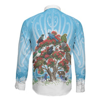 New Zealand Birds Christmas Long Sleeve Button Shirt Pohutukawa Xmas Tree LT05 - Polynesian Pride